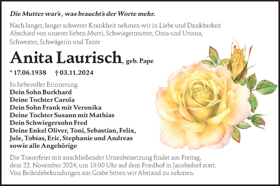 Traueranzeige von Anita Laurisch von Märkische Oderzeitung