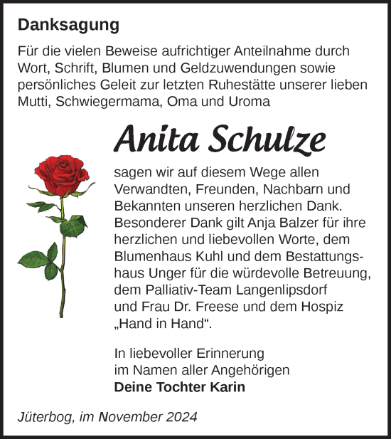 Traueranzeige von Anita Schulze von Märkische Oderzeitung