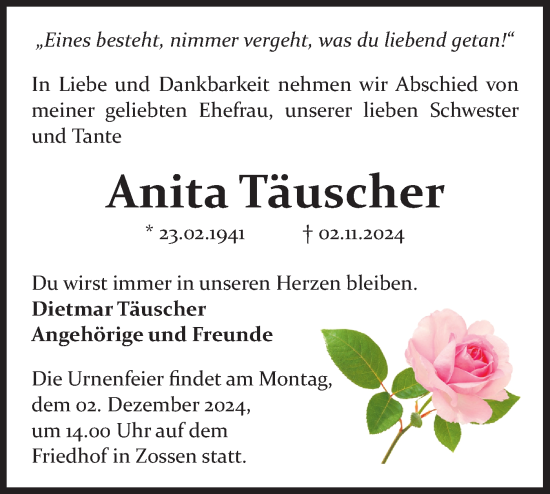 Traueranzeige von Anita Täuscher von Märkische Oderzeitung