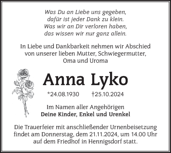 Traueranzeige von Anna Lyko von Märkische Oderzeitung