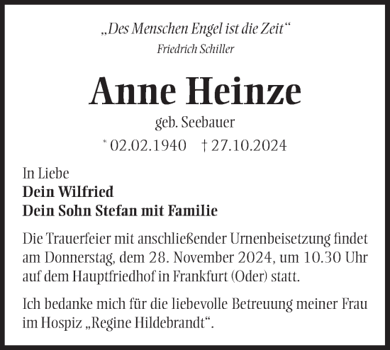 Traueranzeige von Anne Heinze von Märkische Oderzeitung