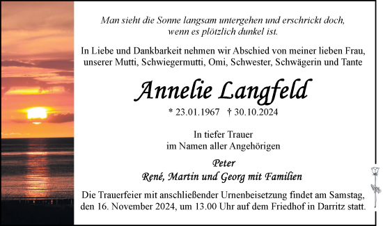 Traueranzeige von Annelie  Langfeld von Märkische Oderzeitung