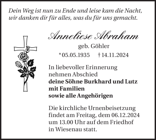 Traueranzeige von Anneliese Abraham von Märkische Oderzeitung