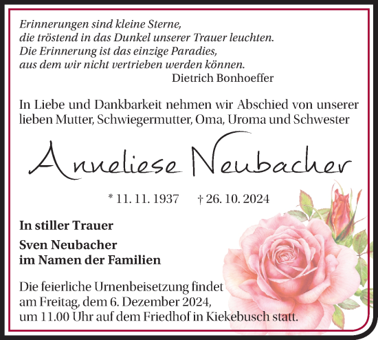 Traueranzeige von Anneliese Neubacher von Märkische Oderzeitung