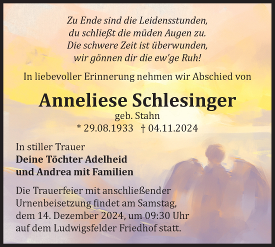 Traueranzeige von Anneliese Schlesinger von Märkische Oderzeitung