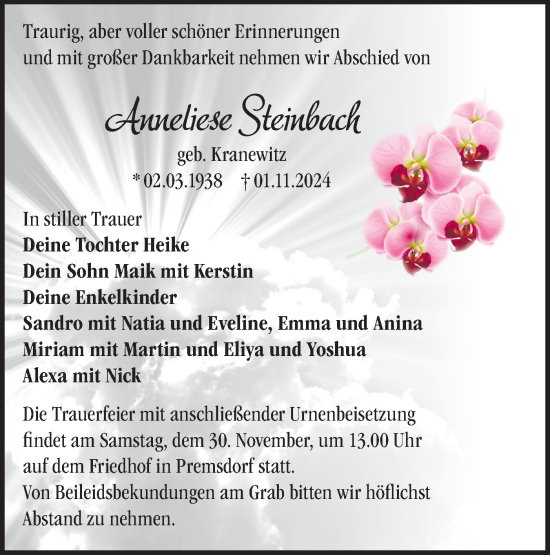 Traueranzeige von Anneliese Steinbach von Märkische Oderzeitung