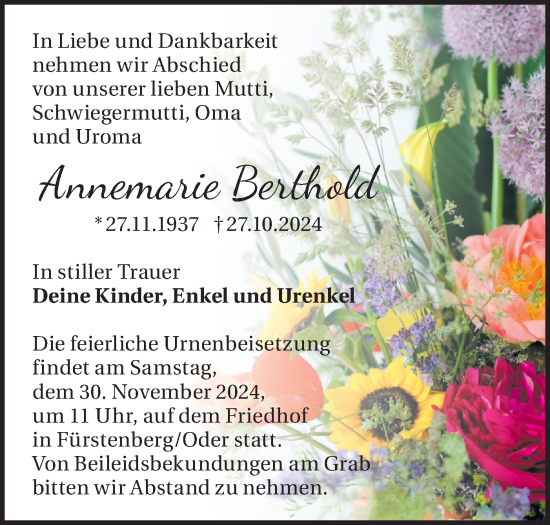 Traueranzeige von Annemarie Berthold von Märkische Oderzeitung