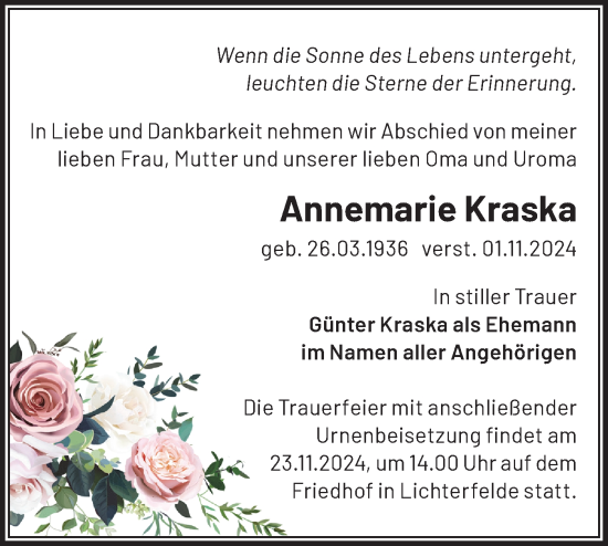 Traueranzeige von Annemarie Kraska von Märkische Oderzeitung