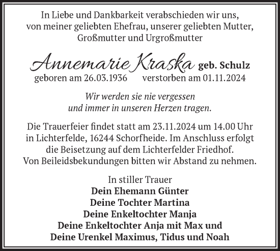 Traueranzeige von Annemarie Kraska von Märkische Oderzeitung