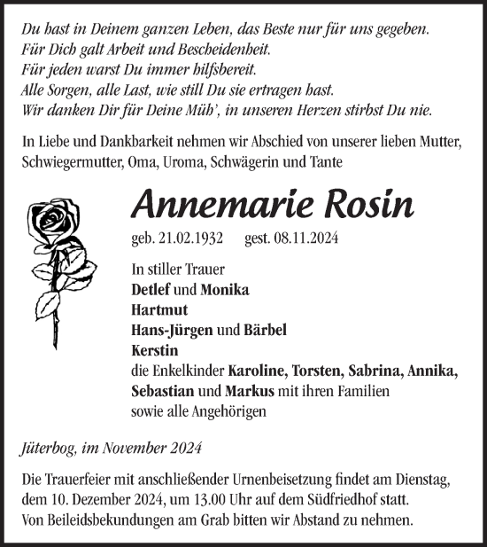 Traueranzeige von Annemarie Rosin von Märkische Oderzeitung