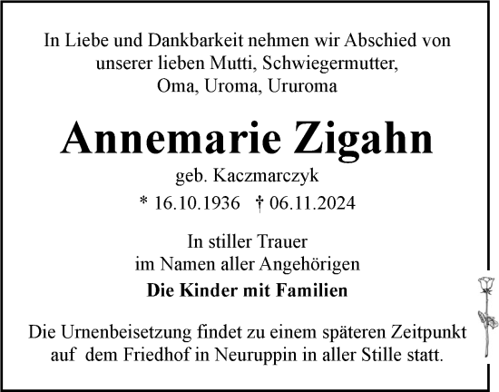 Traueranzeige von Annemarie Zigahn von Märkische Oderzeitung