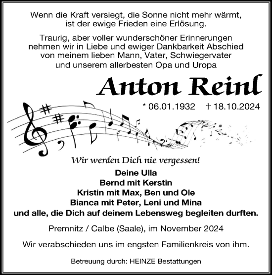 Traueranzeige von Anton Reinl von Märkische Oderzeitung