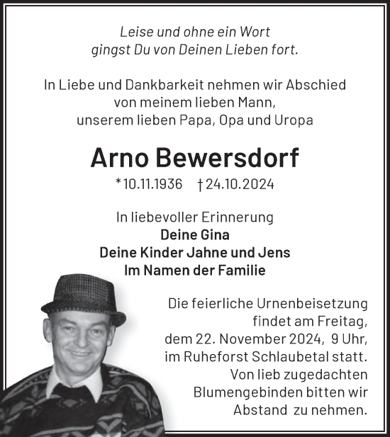 Traueranzeige von Arno Bewersdorf von Märkische Oderzeitung