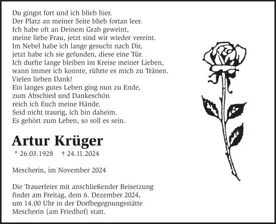 Traueranzeige von Artur Krüger von Märkische Oderzeitung