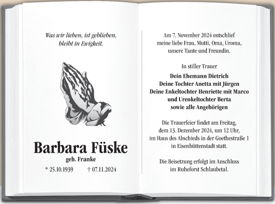 Traueranzeige von Barbara Füske von Märkische Oderzeitung