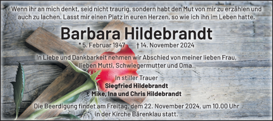 Traueranzeige von Barbara Hildebrandt von Märkische Oderzeitung