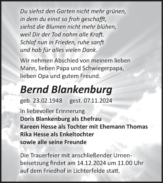 Traueranzeige von Bernd Blankenburg von Märkische Oderzeitung