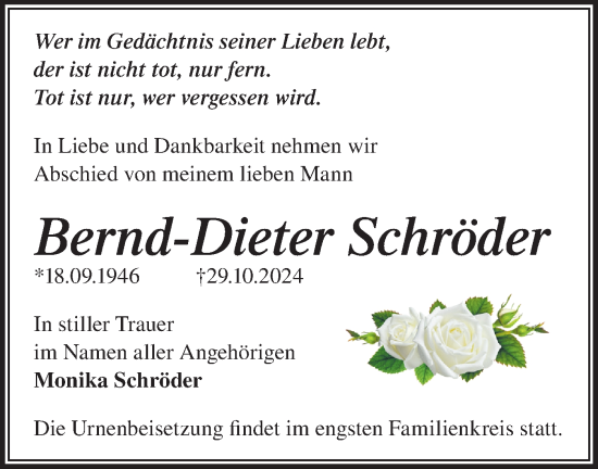 Traueranzeige von Bernd-Dieter Schröder von Märkische Oderzeitung