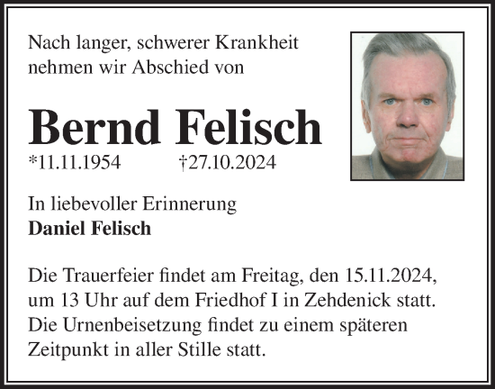 Traueranzeige von Bernd Felisch von Märkische Oderzeitung