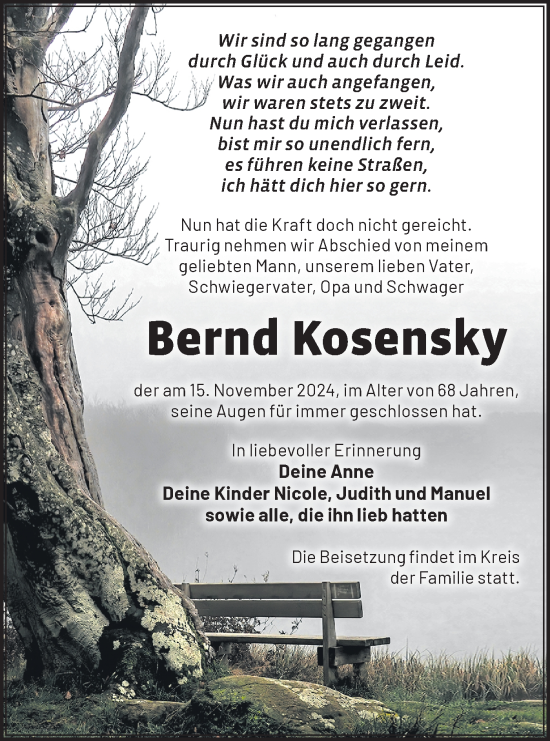 Traueranzeige von Bernd Kosensky von Märkische Oderzeitung