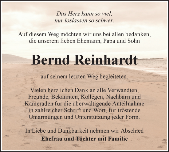 Traueranzeige von Bernd Reinhardt von Märkische Oderzeitung