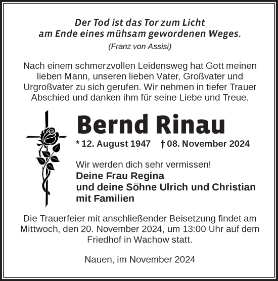 Traueranzeige von Bernd Rinau von Märkische Oderzeitung