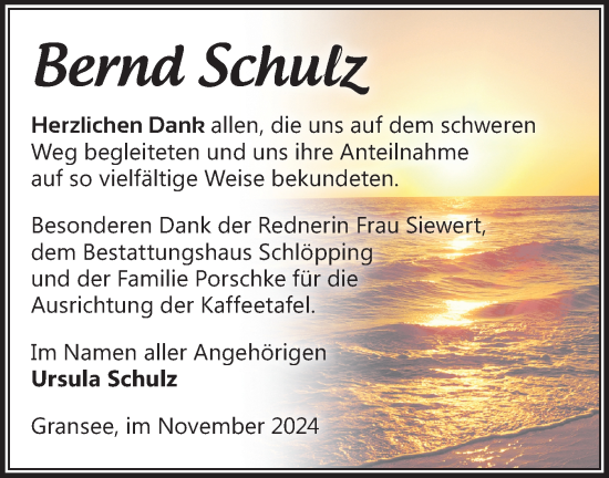 Traueranzeige von Bernd Schulz von Märkische Oderzeitung