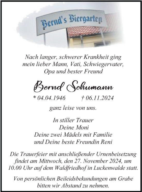 Traueranzeige von Bernd Schumann von Märkische Oderzeitung