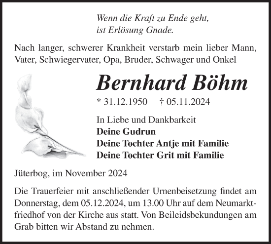 Traueranzeige von Bernhard Böhm von Märkische Oderzeitung