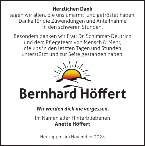 Traueranzeige von Bernhard Höffert von Märkische Oderzeitung