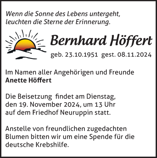 Traueranzeige von Bernhard Höffert von Märkische Oderzeitung