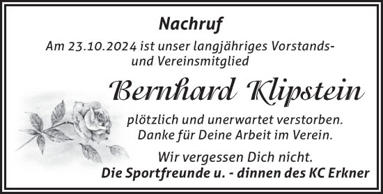 Traueranzeige von Bernhard Klipstein von Märkische Oderzeitung