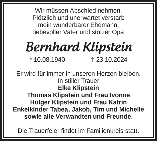 Traueranzeige von Bernhard Klipstein von Märkische Oderzeitung