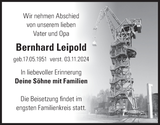 Traueranzeige von Bernhard Leipold von Märkische Oderzeitung