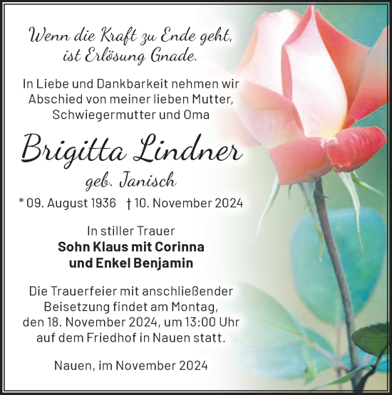 Traueranzeige von Brigitta Lindner von Märkische Oderzeitung