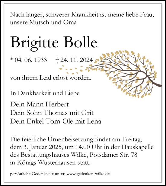 Traueranzeige von Brigitte Bolle von Märkische Oderzeitung