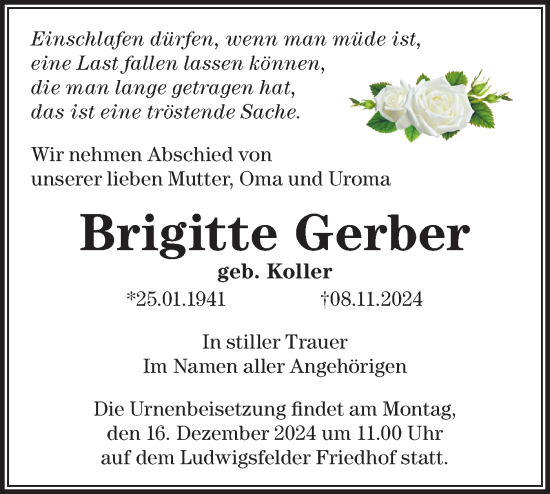 Traueranzeige von Brigitte Gerber von Märkische Oderzeitung