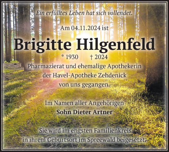 Traueranzeige von Brigitte Hilgenfeld von Märkische Oderzeitung