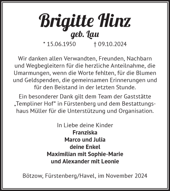 Traueranzeige von Brigitte Hinz von Märkische Oderzeitung