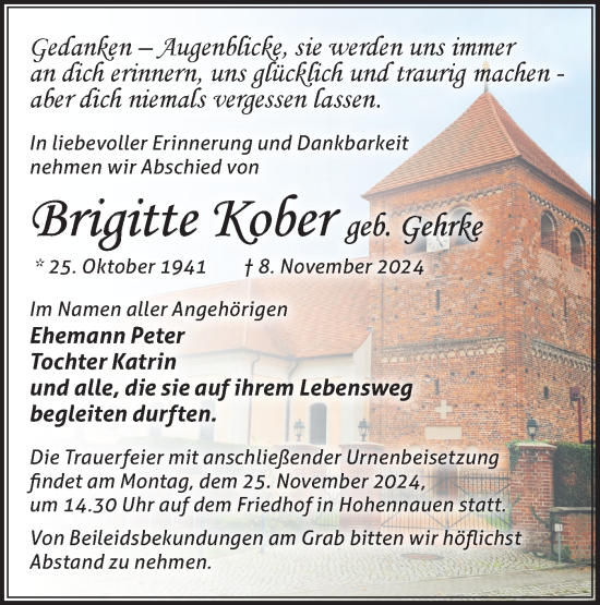 Traueranzeige von Brigitte Kober von Märkische Oderzeitung