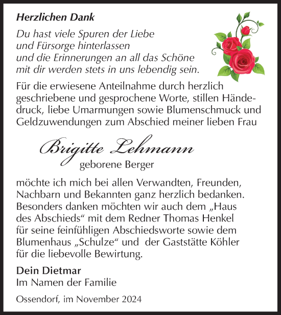 Traueranzeige von Brigitte Lehmann von Märkische Oderzeitung