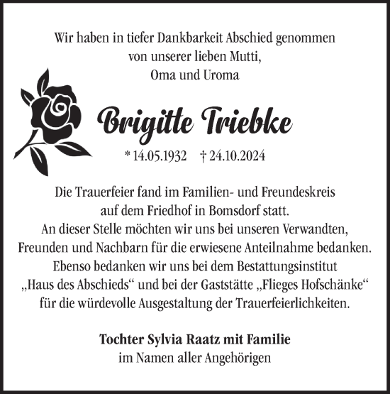 Traueranzeige von Brigitte Triebke von Märkische Oderzeitung