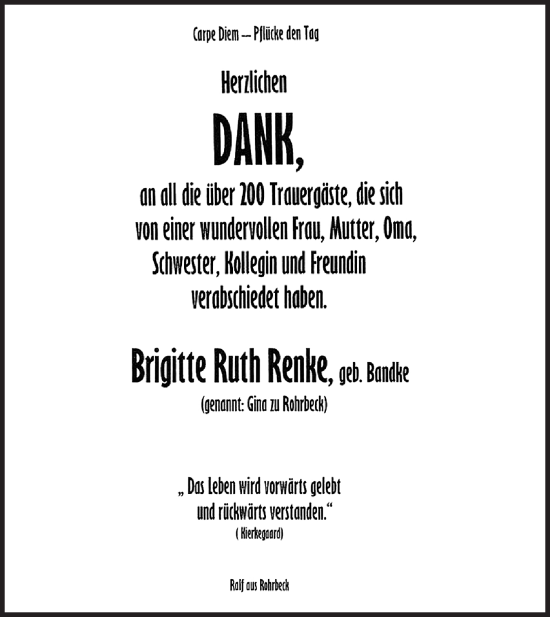 Traueranzeige von Brigitte Ruth Renke von Märkische Oderzeitung