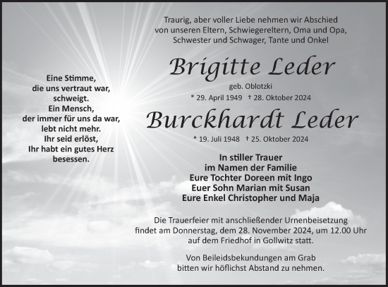 Traueranzeige von Brigitte und Burckhardt Leder von Märkische Oderzeitung