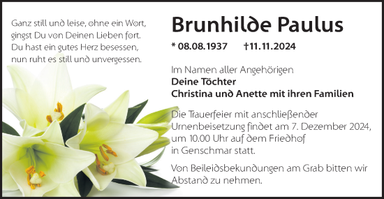 Traueranzeige von Brunhilde Paulus von Märkische Oderzeitung