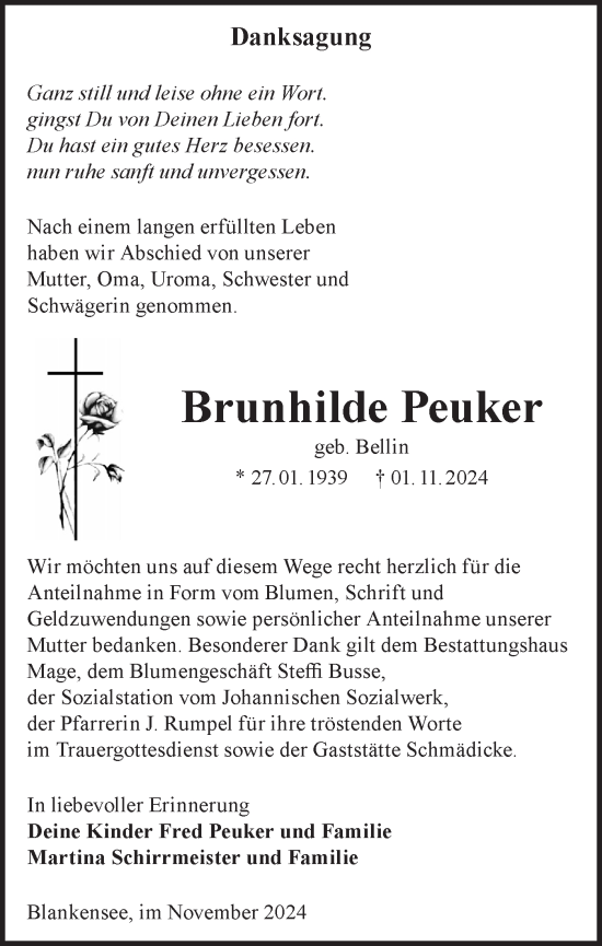 Traueranzeige von Brunhilde Peuker von Märkische Oderzeitung