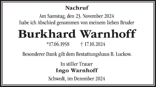 Traueranzeige von Burkhard Warnhoff von Märkische Oderzeitung