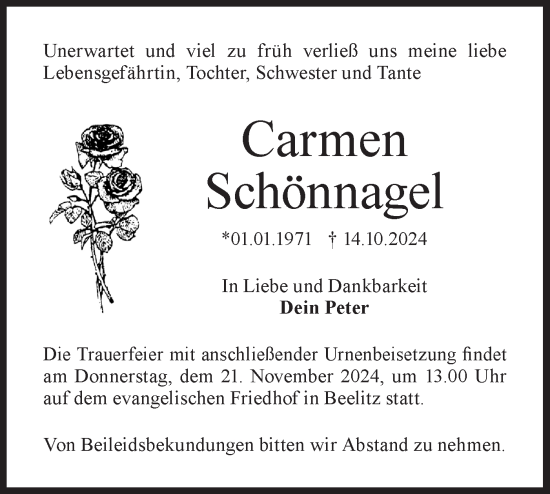 Traueranzeige von Carmen Schönnagel von Märkische Oderzeitung