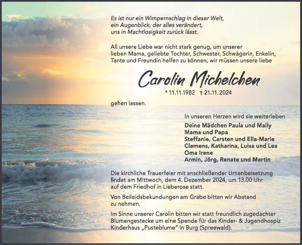  Traueranzeige für Carolin Michelchen vom 30.11.2024 aus Märkische Oderzeitung