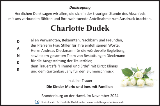 Traueranzeige von Charlotte Dudek von Märkische Oderzeitung